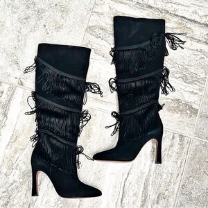 BCBGMaxazria Suede Fringe Heeled Boots, Black, New, Size 7.5